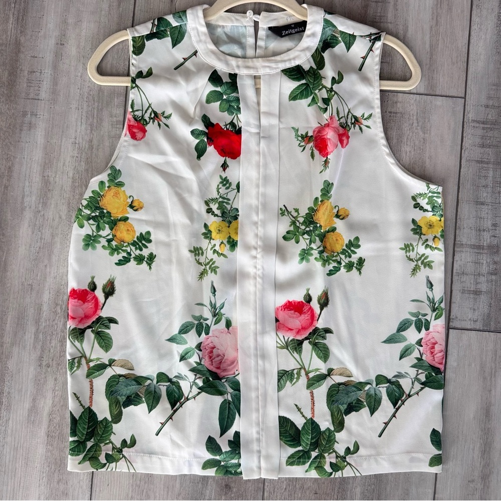 Floral Print Sleeveless Blouse - White with Red, Yellow, Pink Accents